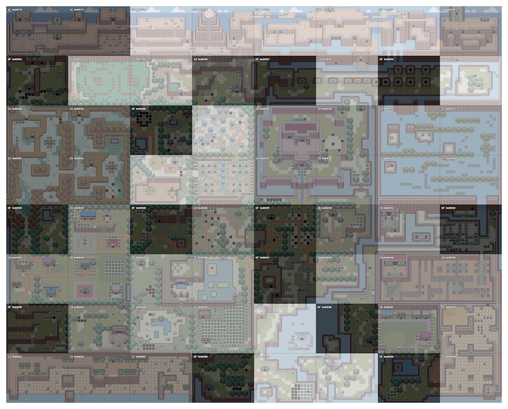 Overworld map of Link's Awakening, with the tileset ID overlayed on each map section