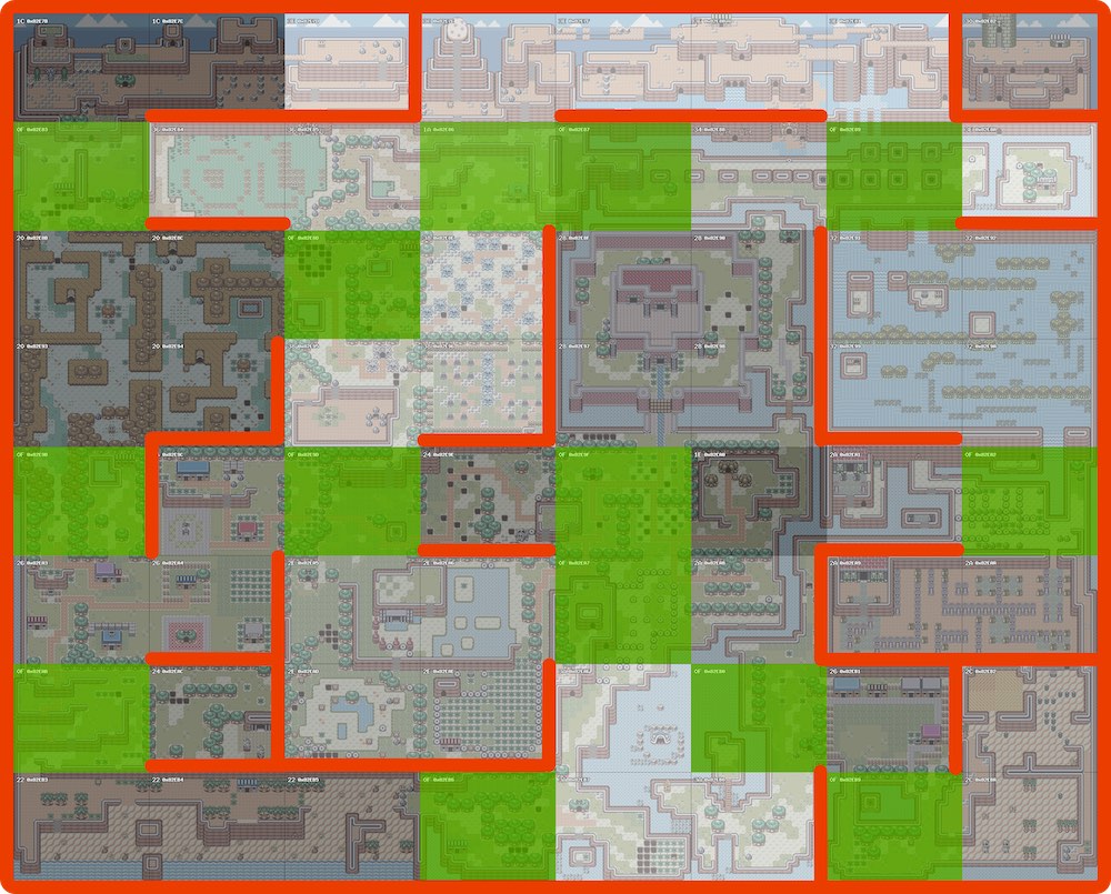 Overworld map of Link's Awakening, with the "No change" tileset overlaid in green