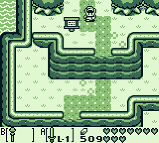 Link's Awakening overworld on a black-and-white Game Boy
