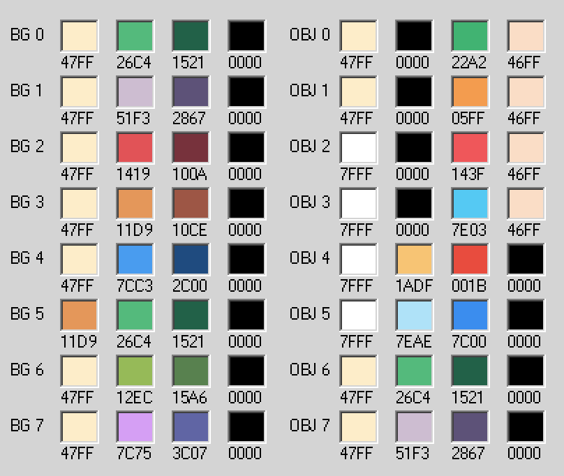 A screenshot of all 16 palettes used in the overworld screen
